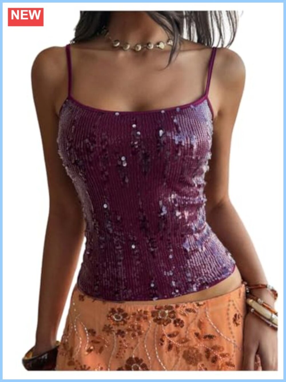 Sequin Sparkly Going Out Top Sleeveless Low Back Adjustable Spaghetti Strap